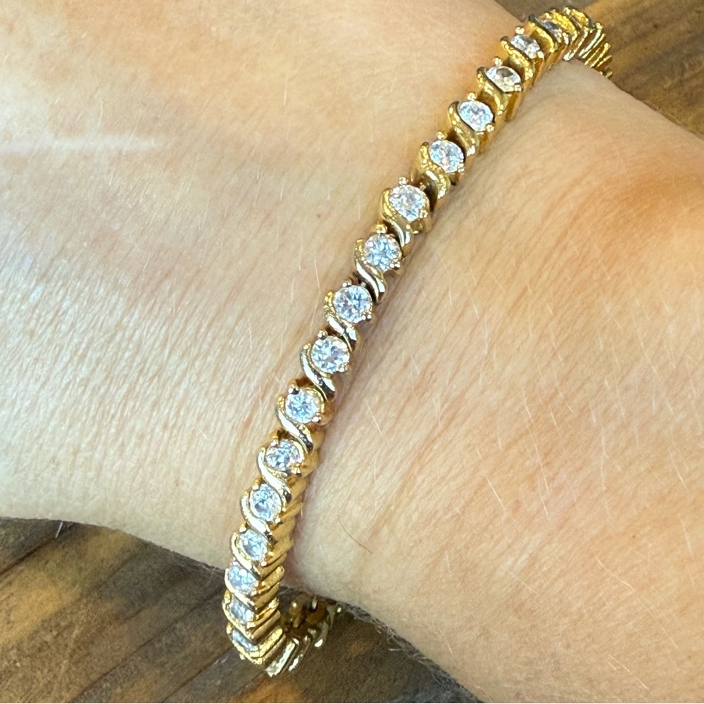 Vintage Gold Tone Cubic Zirconia Tennis Line Bracelet Double Safety Catch 8”